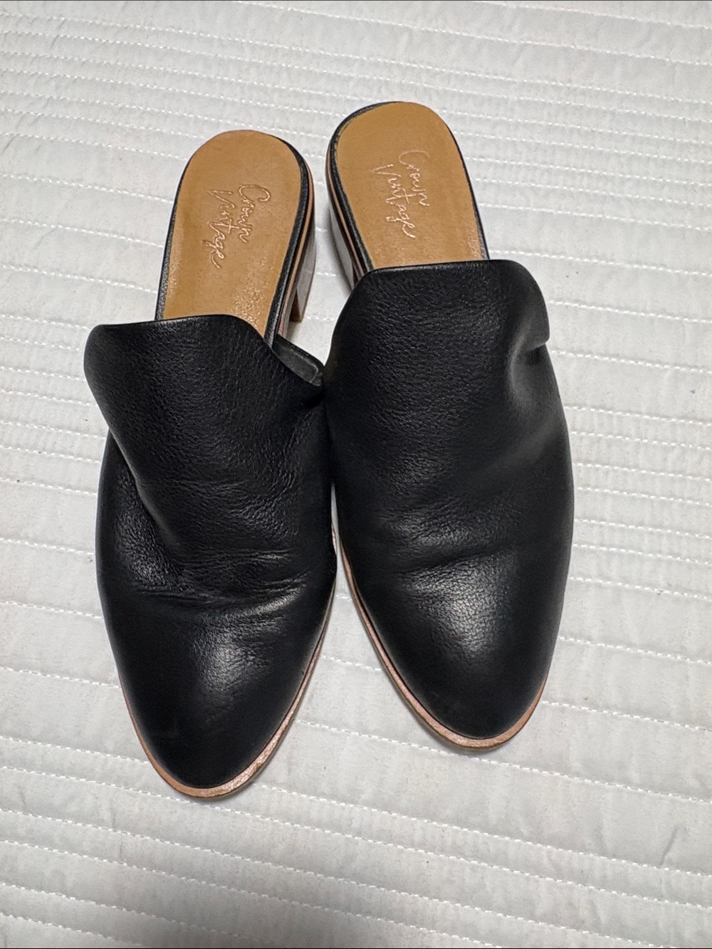 Crown Vintsge Black Leather Slip-On Mules
